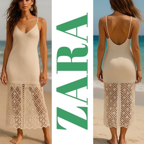 Zara Dresses & Skirts - ZARA OPEN KNIT CROCHET MIDI SLIP DRESS IVORY COASTAL RESORT BOHO MINIMALIST, L